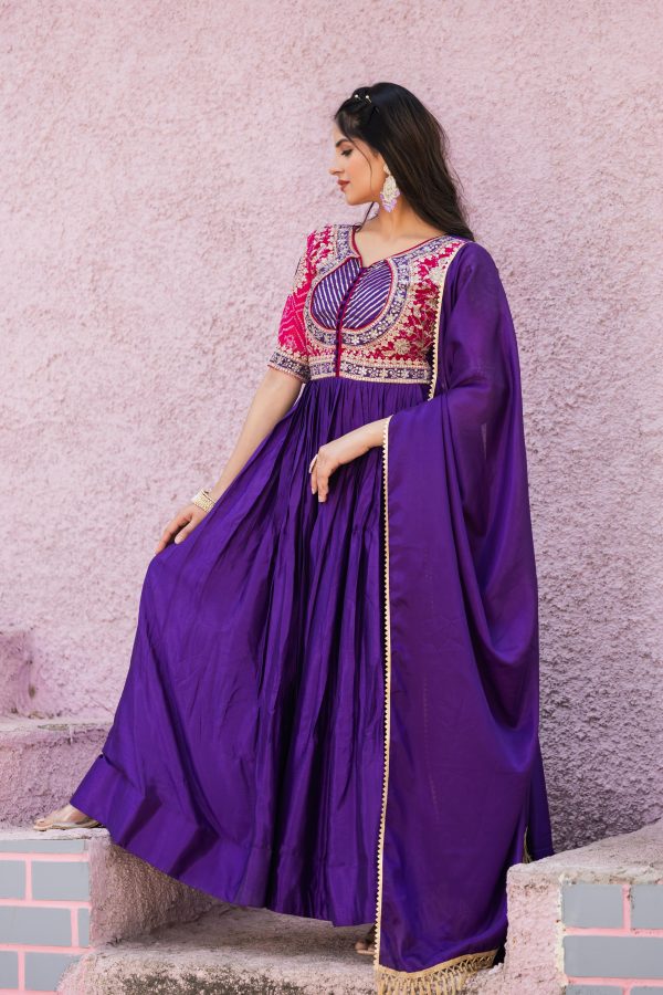 Purple Chinon Bandhrej Heavy Sequence Embroidery Work Anarkali Gown