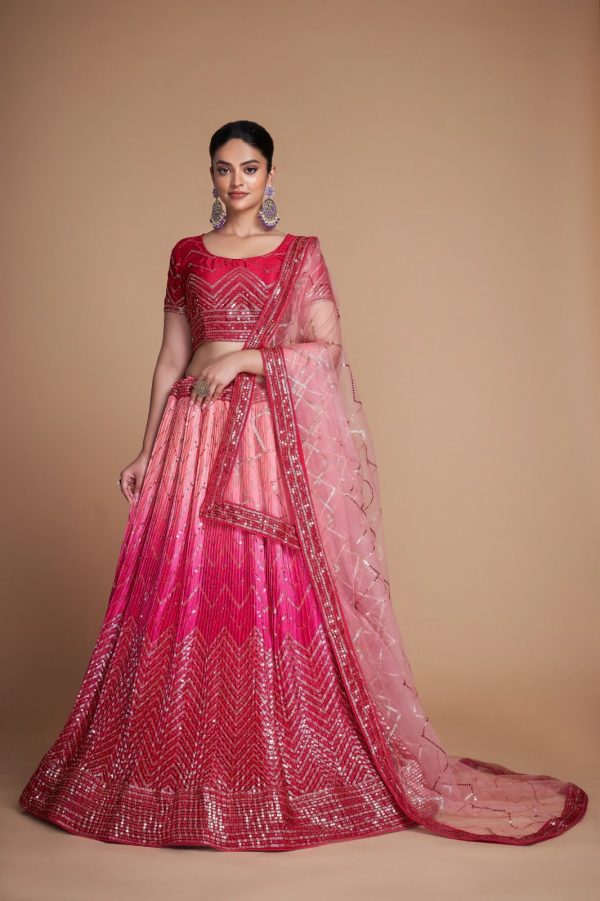 Red Chinon Embroidery and Sequins Lehenga Choli