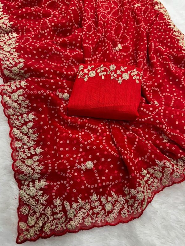 Red Georgette Bandhni Print Pita Work Embroidery Saree - Image 3