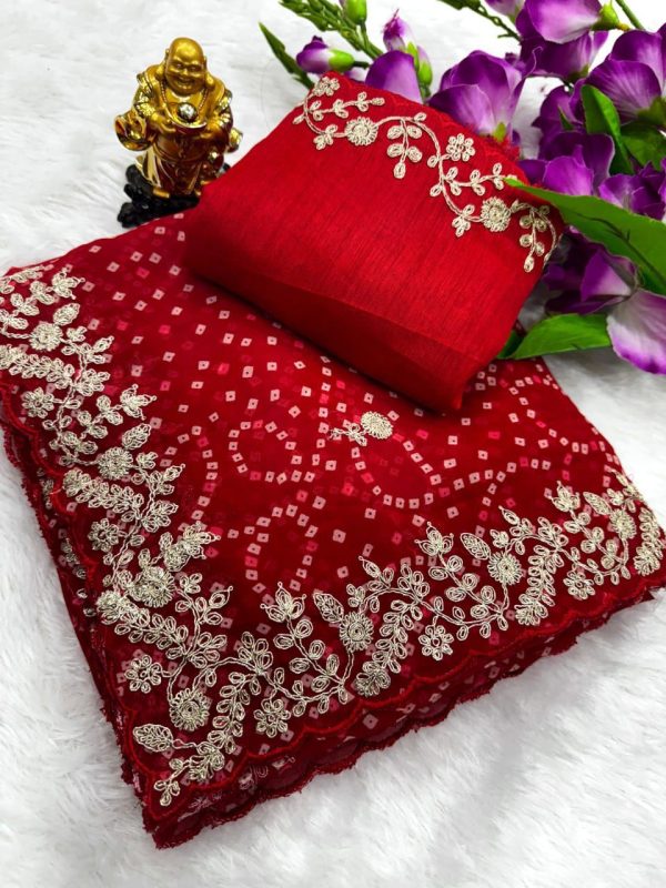 Red Georgette Bandhni Print Pita Work Embroidery Saree