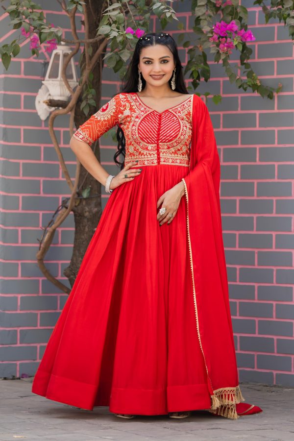 Red Chinon Bandhrej Heavy Sequence Embroidery Work Anarkali Gown - Image 2