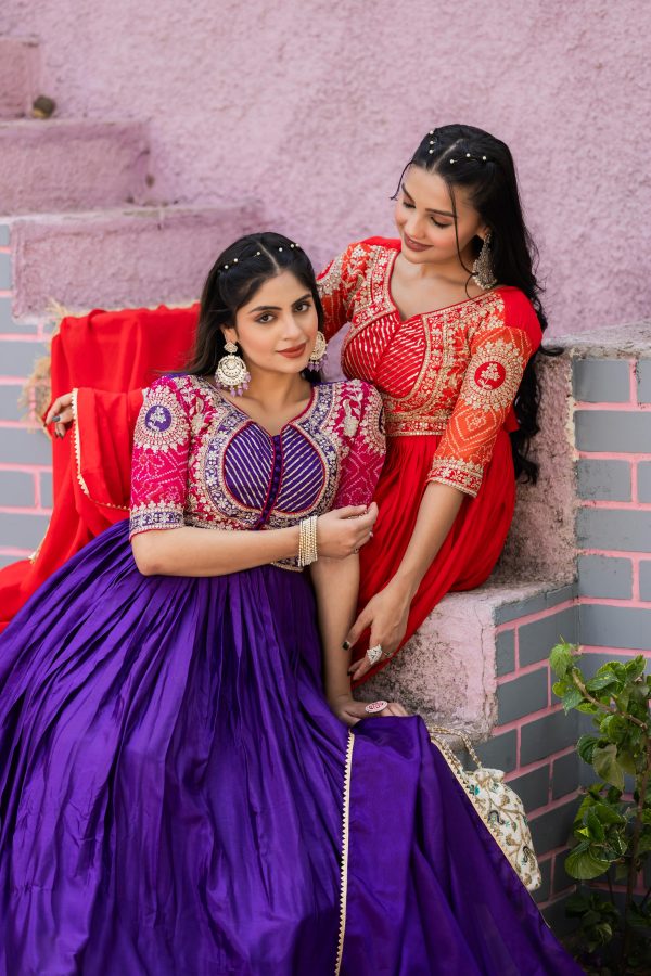 Red Chinon Bandhrej Heavy Sequence Embroidery Work Anarkali Gown - Image 3