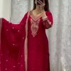 Red Chinon Embroidery Coding Work Salwar Suit