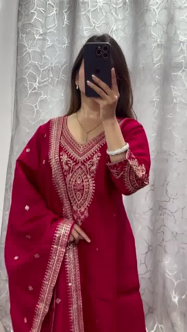 Red Chinon Embroidery Coding Work Salwar Suit - Image 2