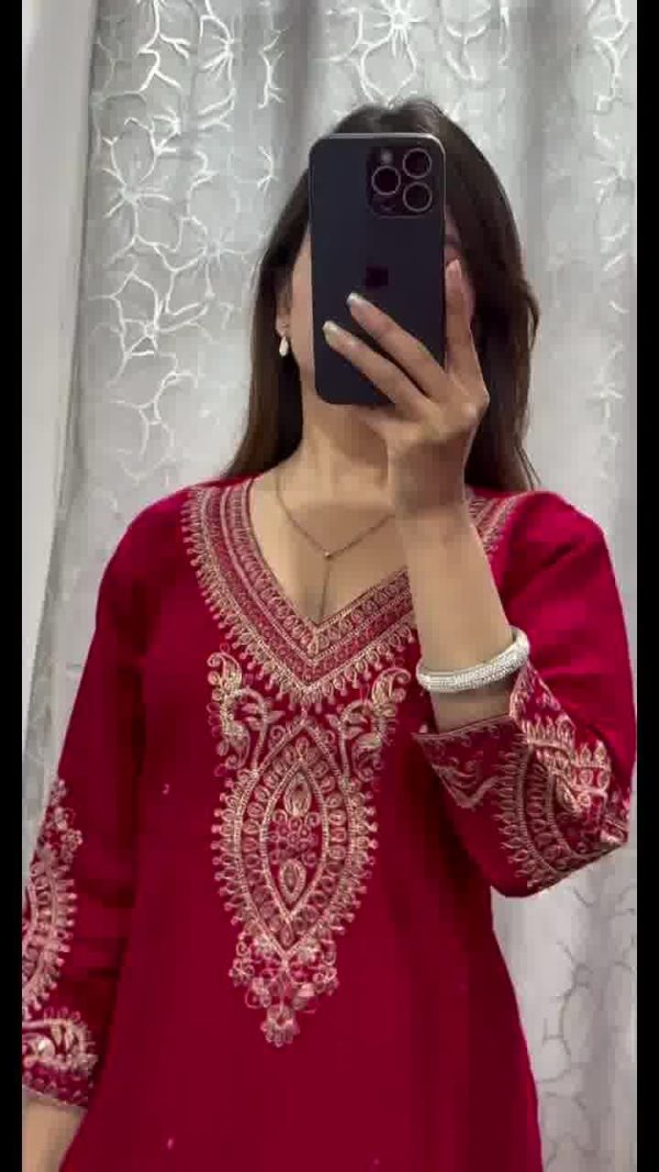Red Chinon Embroidery Coding Work Salwar Suit - Image 3