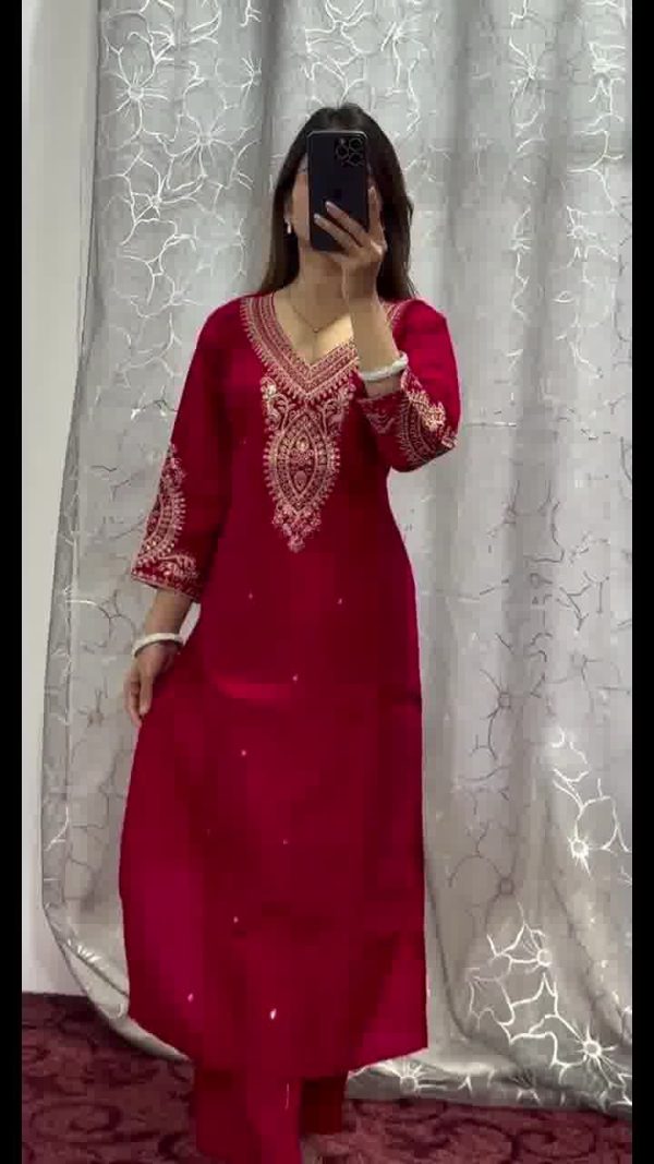 Red Chinon Embroidery Coding Work Salwar Suit - Image 4