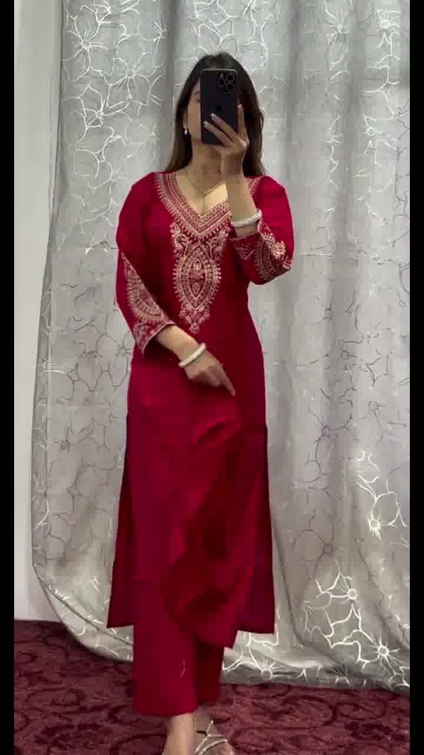 Red Chinon Embroidery Coding Work Salwar Suit - Image 5