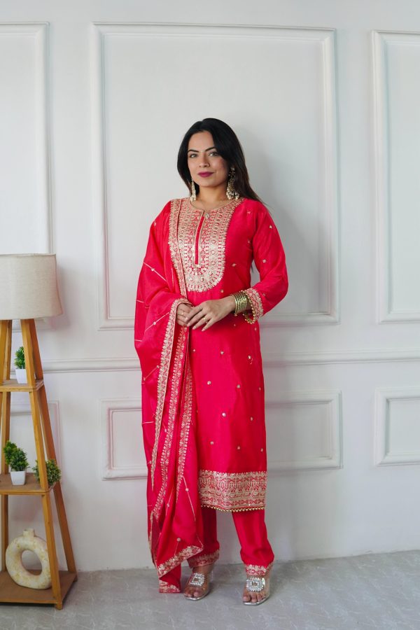 Red Cosmo Silk Heavy Embroidery Sequence Work Salwar Suit - Image 2
