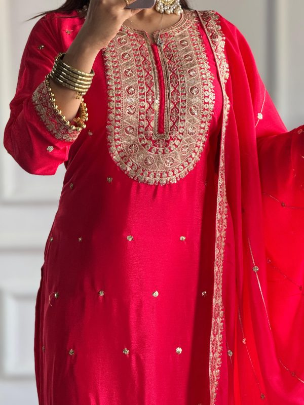 Red Cosmo Silk Heavy Embroidery Sequence Work Salwar Suit - Image 4
