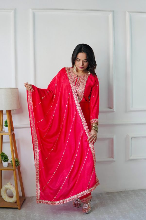 Red Cosmo Silk Heavy Embroidery Sequence Work Salwar Suit - Image 5