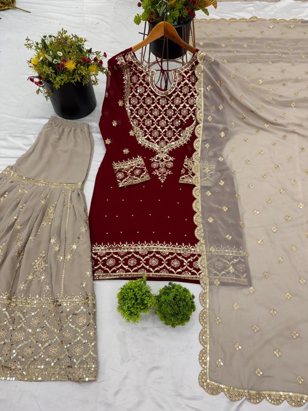 Red Faux Georgette Embroidery Sequence Thread Work Salwar Suit - Image 2
