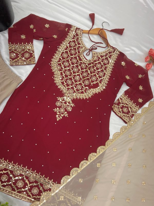 Red Faux Georgette Embroidery Sequence Thread Work Salwar Suit - Image 3