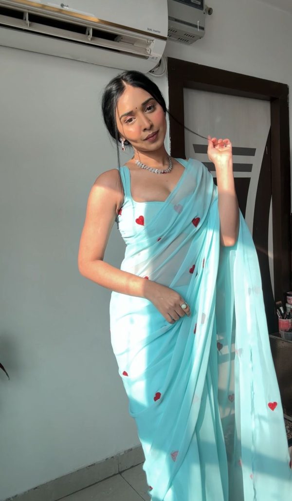 Sky Blue Soft Georgette Silk With Embroidery Red  Heart Design Saree - Image 3