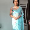 Sky Blue Soft Georgette Silk With Embroidery Red  Heart Design Saree