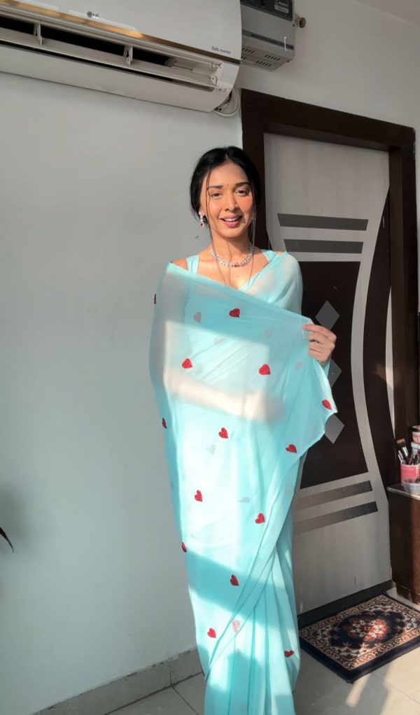 Sky Blue Soft Georgette Silk With Embroidery Red  Heart Design Saree - Image 4