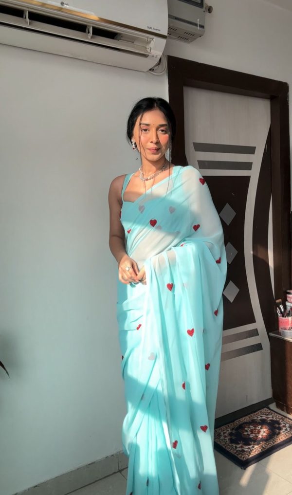 Sky Blue Soft Georgette Silk With Embroidery Red  Heart Design Saree - Image 5