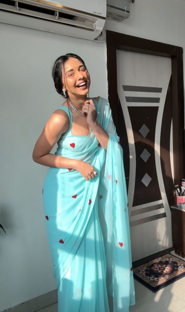 Sky Blue Soft Georgette Silk With Embroidery Red  Heart Design Saree - Image 6