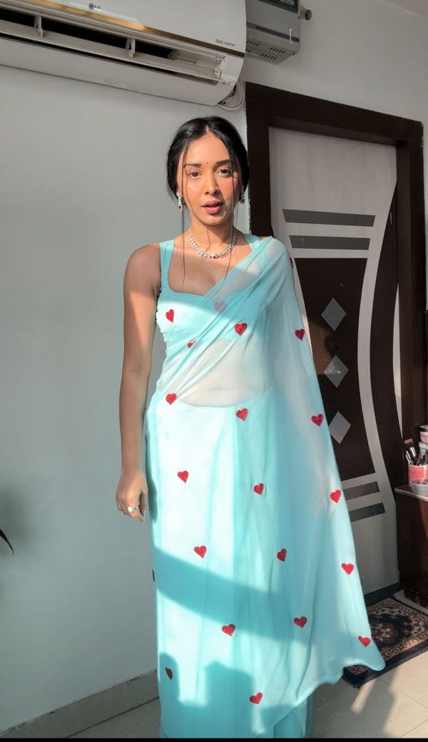 Sky Blue Soft Georgette Silk With Embroidery Red  Heart Design Saree - Image 2