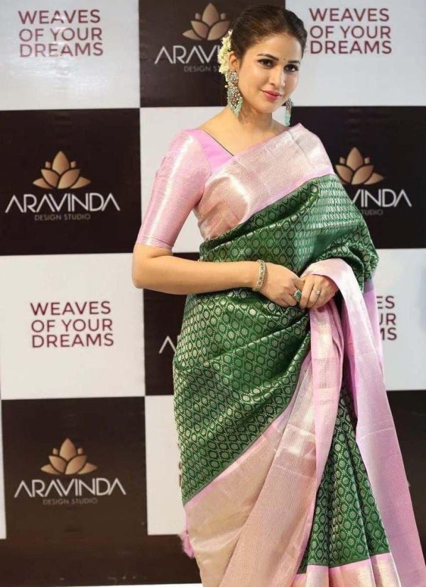 Green Soft Litchi Silk Jacquard Saree - Image 2