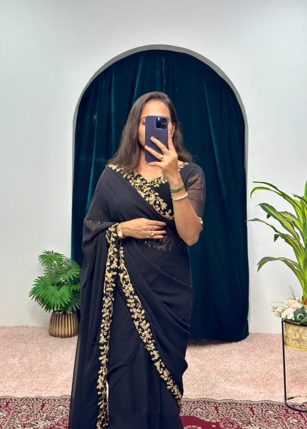 Exotic Black Color Faux Georgette Embroidery Work Border Stitched Saree-Gown