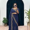 Exotic Navy Blue Color Faux Georgette Embroidery Work Border Stitched Saree-Gown