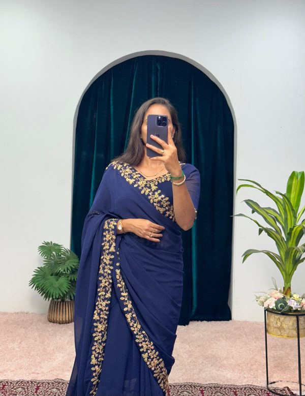 Exotic Navy Blue Color Faux Georgette Embroidery Work Border Stitched Saree-Gown