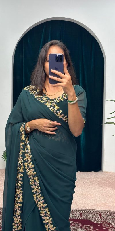 Exotic Peacock Blue Color Faux Georgette Embroidery Work Border Stitched Saree-Gown