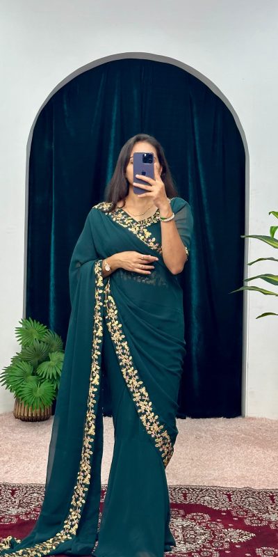 Exotic Peacock Blue Color Faux Georgette Embroidery Work Border Stitched Saree-Gown