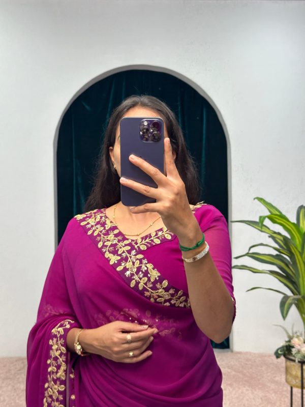 Exotic Purple Color Faux Georgette Embroidery Work Border Stitched Saree-Gown