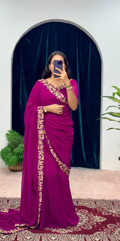 Exotic Purple Color Faux Georgette Embroidery Work Border Stitched Saree-Gown