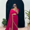 Exotic Pink Color Faux Georgette Embroidery Work Border Stitched Saree-Gown