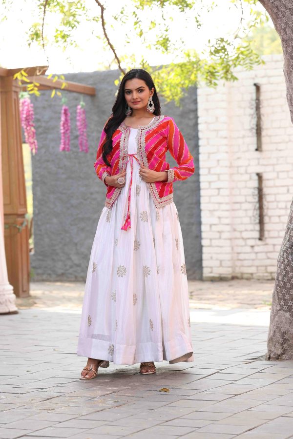 White Chinon Cording Sequence Embroidery Work Anarkali Gown - Image 2