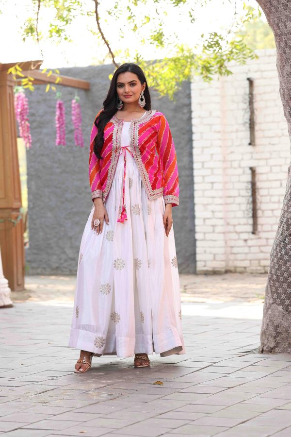 White Chinon Cording Sequence Embroidery Work Anarkali Gown - Image 3