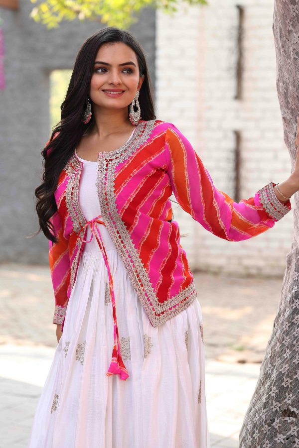 White Chinon Cording Sequence Embroidery Work Anarkali Gown - Image 8