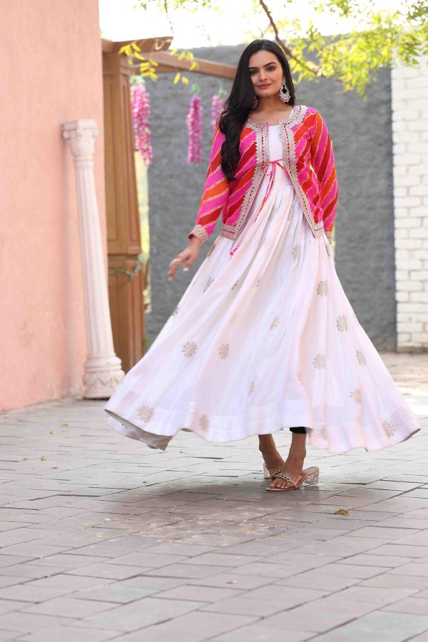 White Chinon Cording Sequence Embroidery Work Anarkali Gown - Image 7