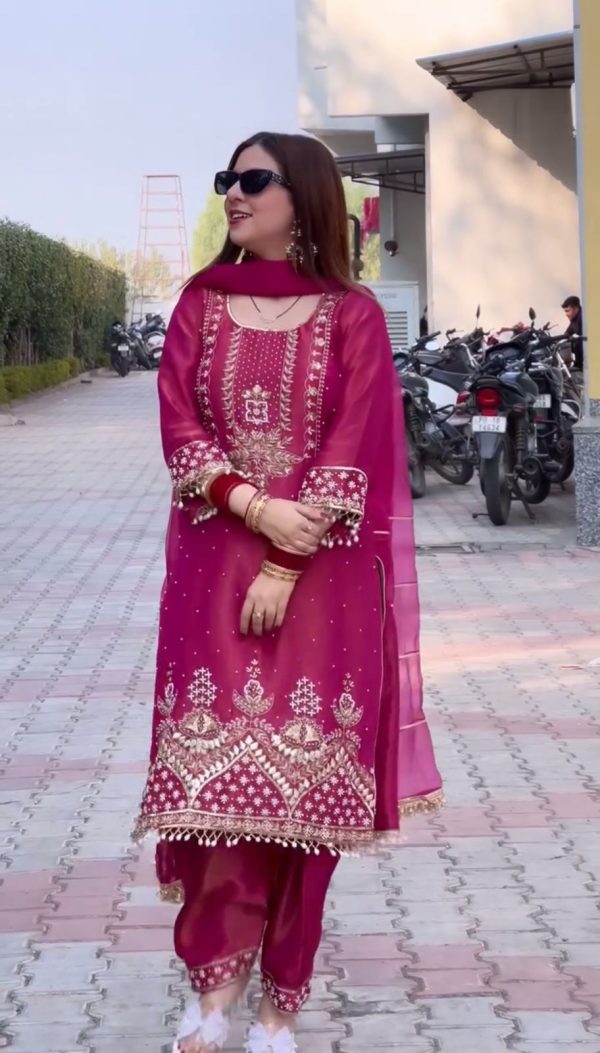 Red Roman Shimmer Silk Embroidery Sequences Work Peral Moti Salwar Suit