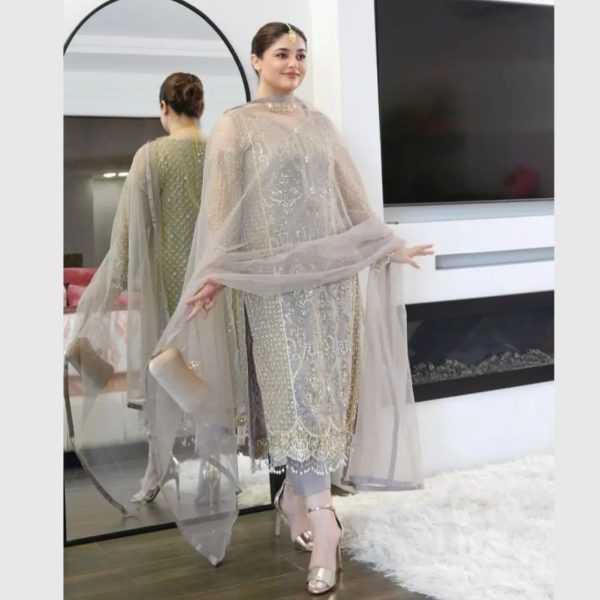 Cream Soft Net Embroidery Sequences Dimond Work Fancy Lass Salwar Suit