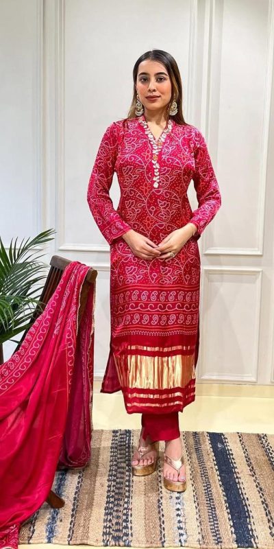 Fancy Red Color Chinon Silk Wide Digital Print Coding Work Salwar Suit