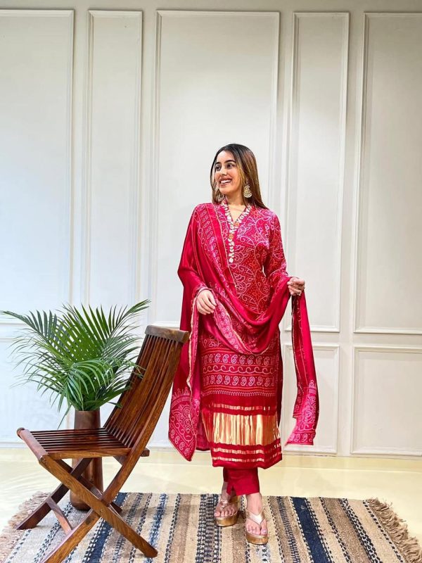 Red Chinon Silk Wide Digital Print Coding Work Salwar Suit - Image 3
