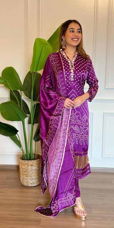 Fancy Violet Color Chinon Silk Wide Digital Print Coding Work Salwar Suit