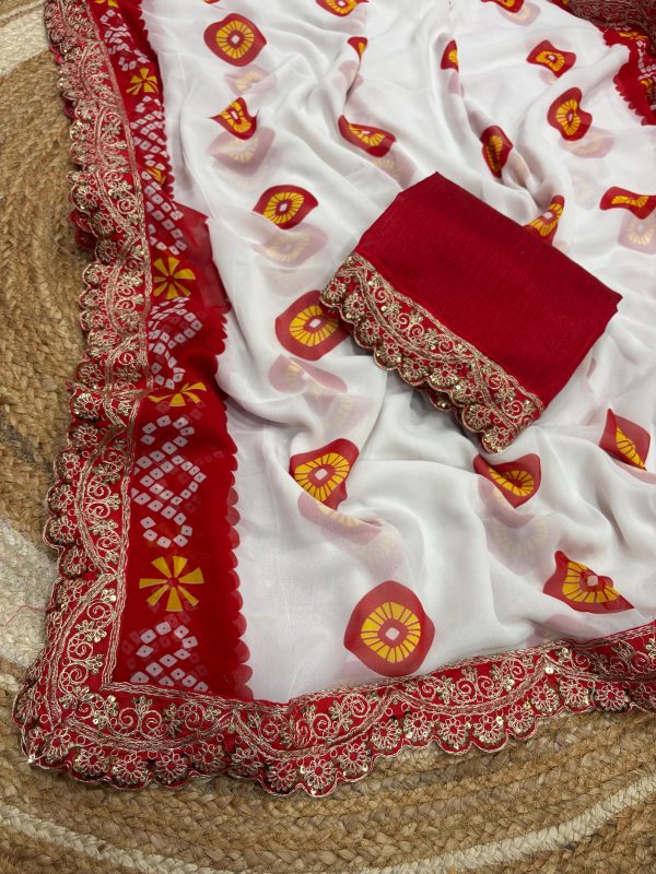 White Georgette Codding Sequence Cutwork Lace Border Saree - Image 2