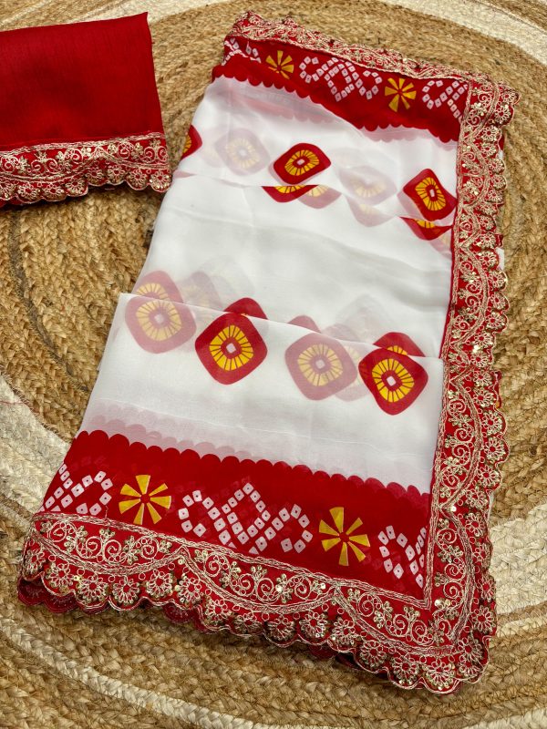 White Georgette Codding Sequence Cutwork Lace Border Saree - Image 3