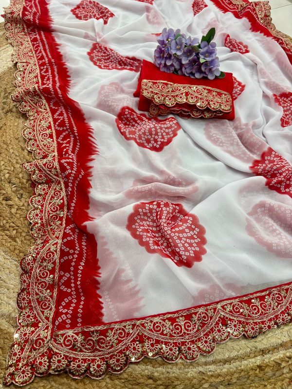 White Georgette Codding Sequence Cutwork Lace Border Saree - Image 4