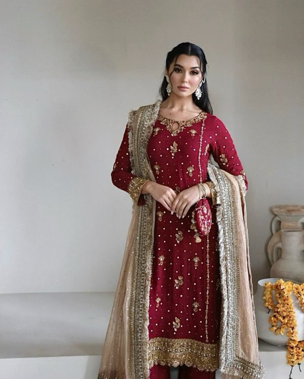 Red Faux Georgette Sequence Handmade Moti Work Salwar Suit