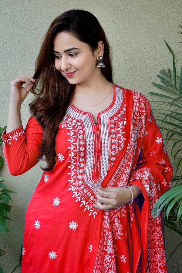 Fantastic Red Color rayon cotton with embroidery work Salwar Suit