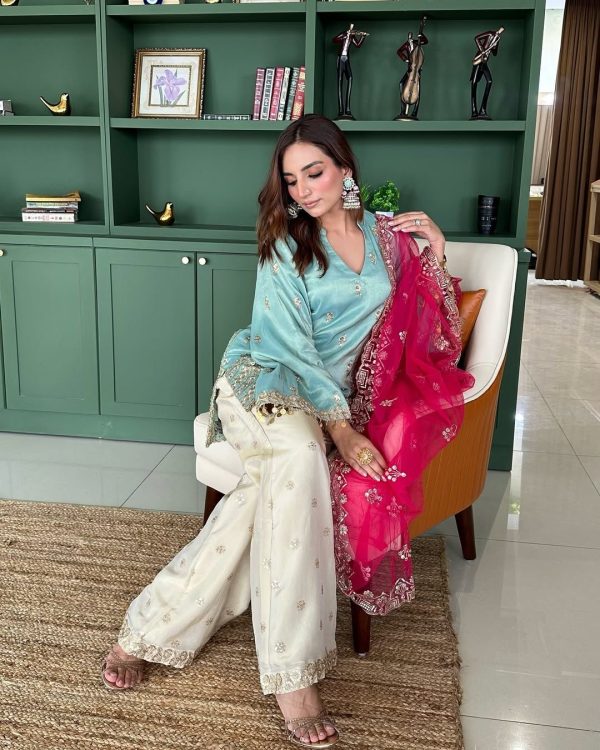 Sky Blue French Crepe Embroidery Sequins Work Salwar Suit