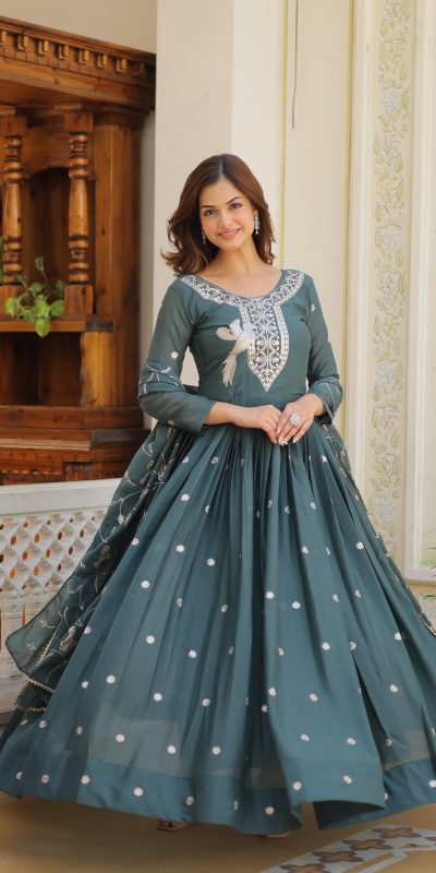 Glowing Grey Color Star Georgette 3mm Sequence Embroidery Work Anarkali Gown
