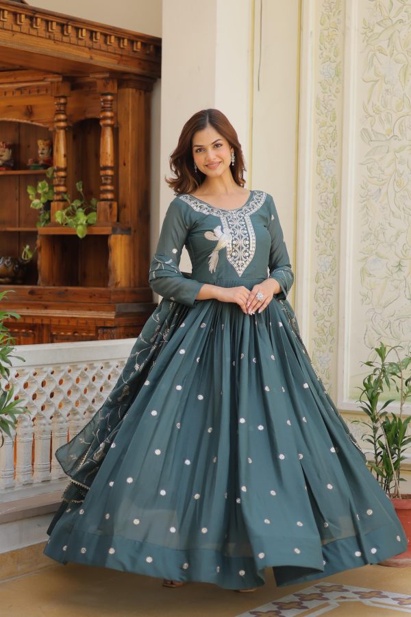Glowing Grey Color Star Georgette 3mm Sequence Embroidery Work Anarkali Gown