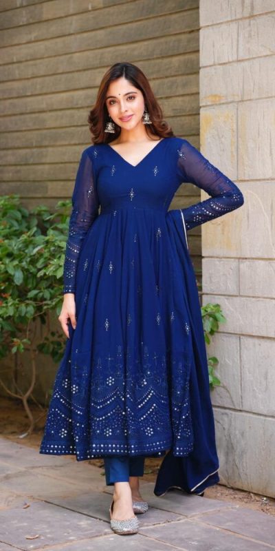 Navy Blue Foix Georgette Thread Sequence Salwar Suit