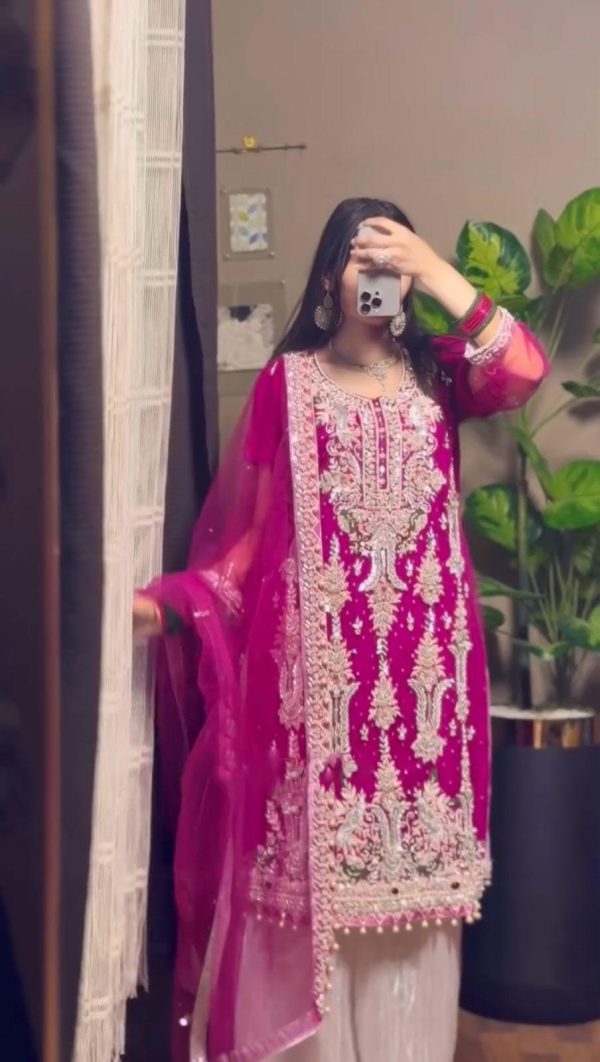 Glowing Pink Color Fox Georgette With Sequence Embroidery Work Pari Lace Salwar Suit